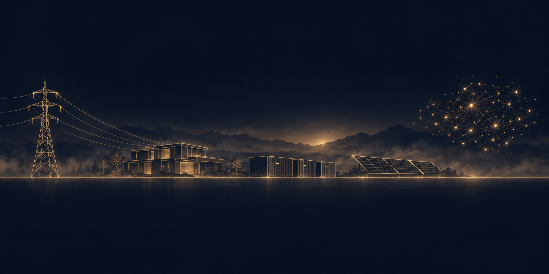 Illustration: Netzinfrastruktur, Immobilie, Batteriespeicher, Photovoltaik und ein digitales Netz